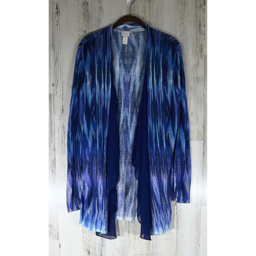 Chicos Cardigan 1 Medium Blue Abstract Linen Cotton Open Front Draped Trim